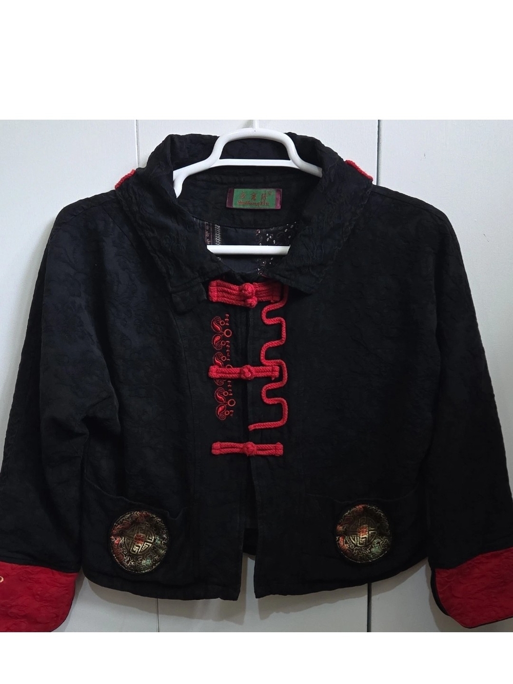 Gothic Grunge Coquette Black Floral Jacquard Crop Mandarin Jacket Red Trim Japan